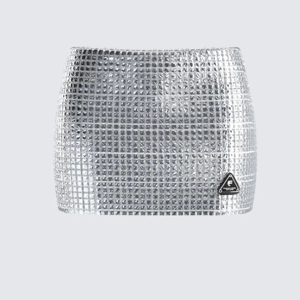AKIRA - Liora Silver Rhinestone Mini Skirt